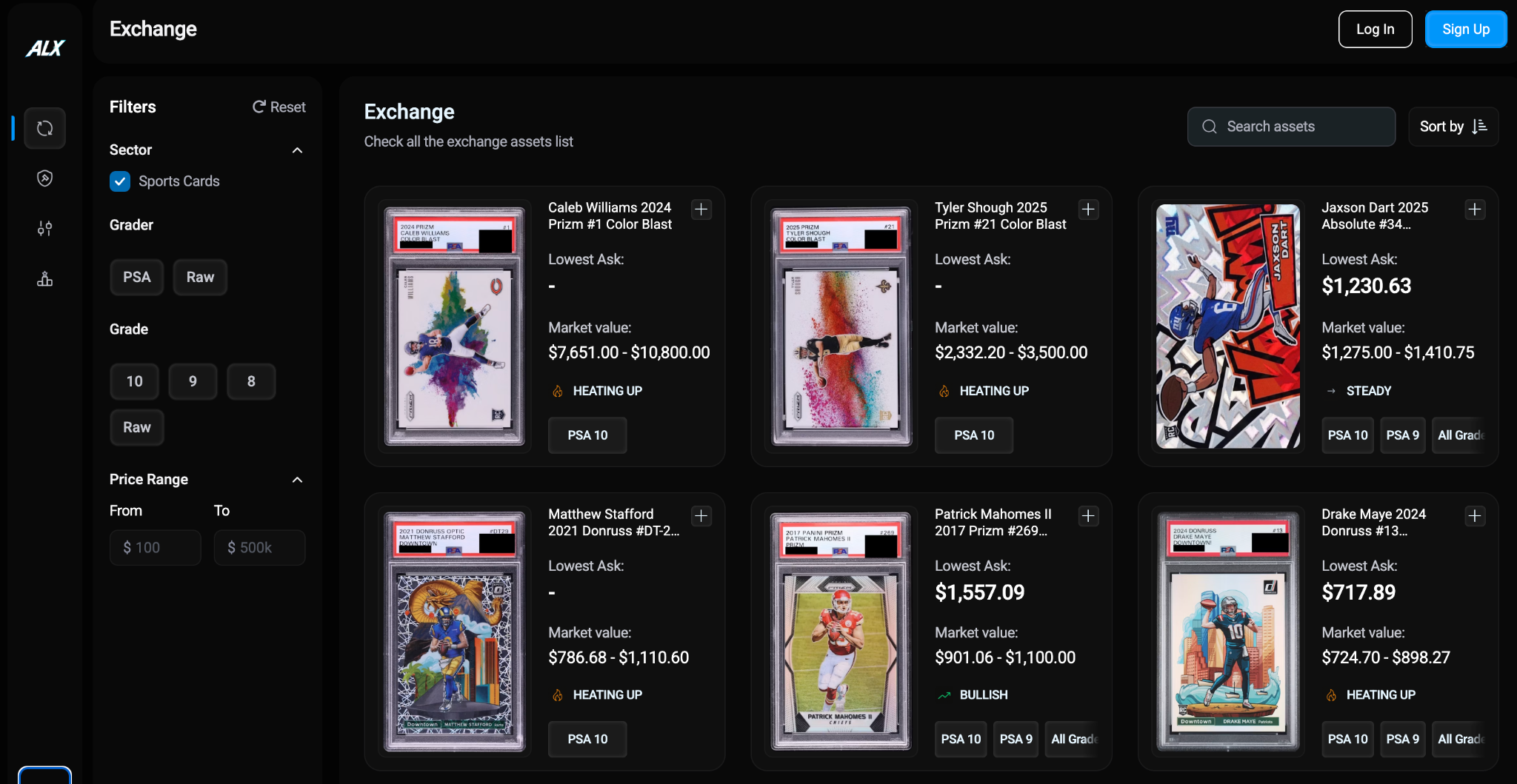 Always Legit Exchange showing collectible cards, search filters and market values